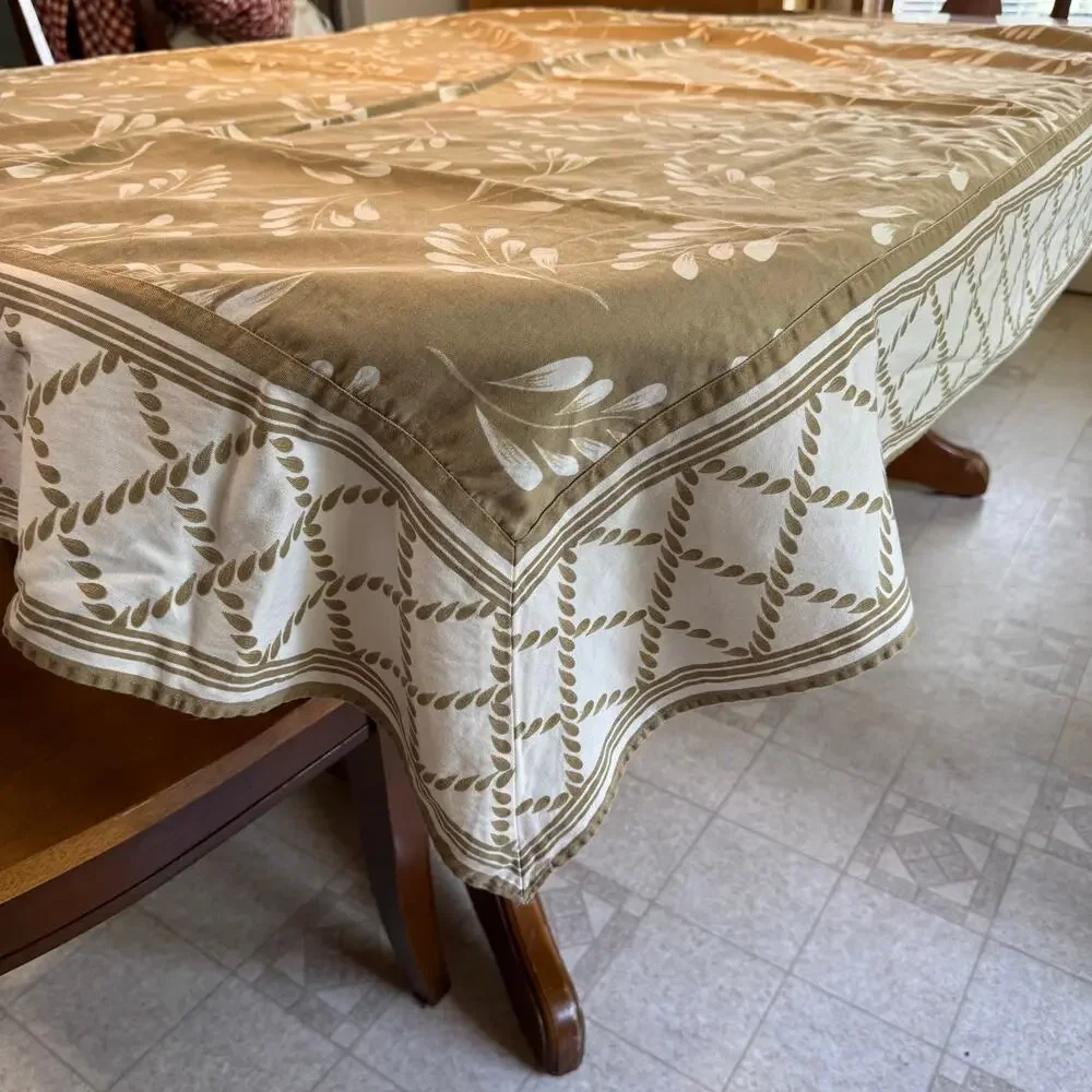 Casa Cristina Cotton Tablecloth Leaves Diamonds Tan White 66x48